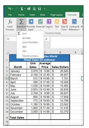 AutoSum Drop-Down menu in Formulas tab: Sum, Average, Count Numbers, Max, Min, and More Functions sub-menu.