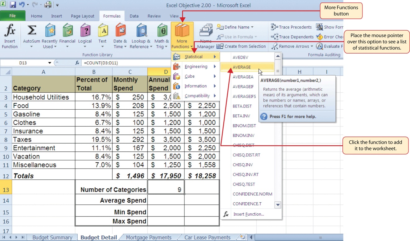 Press F6 until ribbon pane is activated, then M to select Formulas, then Q to select More Functions. Press S to select Statistical menu item, then scroll down to select the Average function.