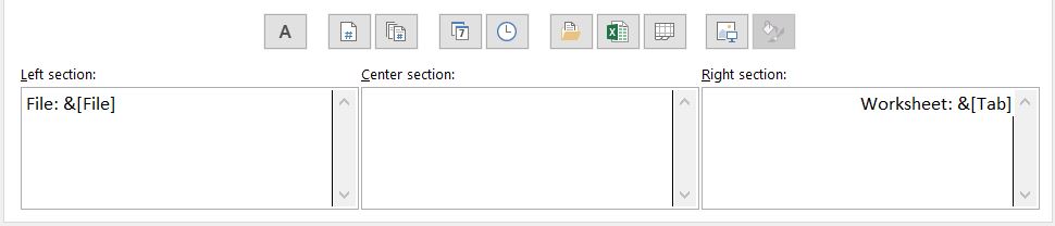 Custom Footer dialog box shows sections for Left, Center, and Right.  "File: &[File]" entered for Left Section. and "Worksheet: &[Tab]" for Right section.  Center section empty.
