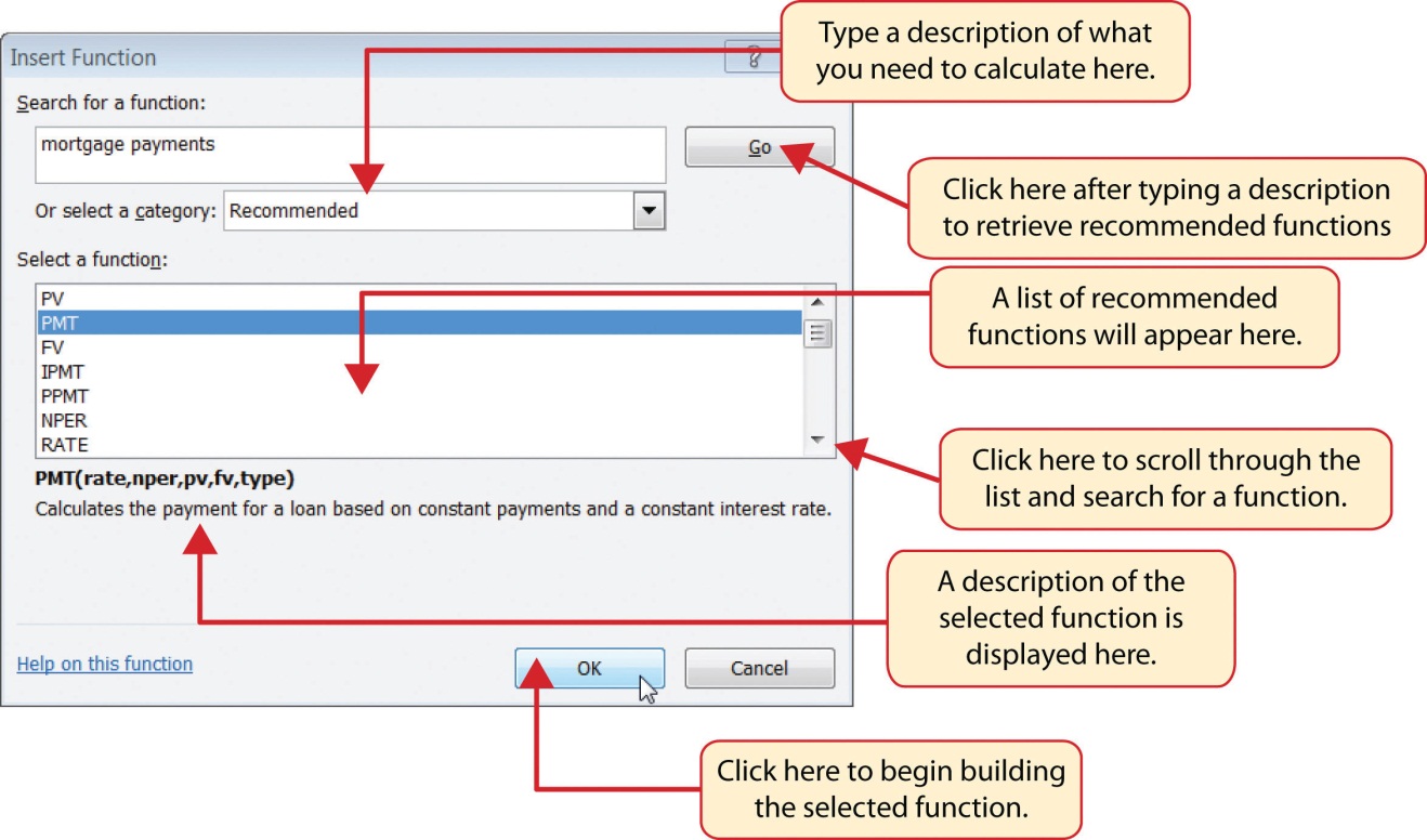 Insert Function Dialog Box. Enter description of what you need to calculate. Go button retrieves recommended functions. Scroll through list of recommended functions, descriptions of selected function displayed at bottom. OK button begins building selected function.