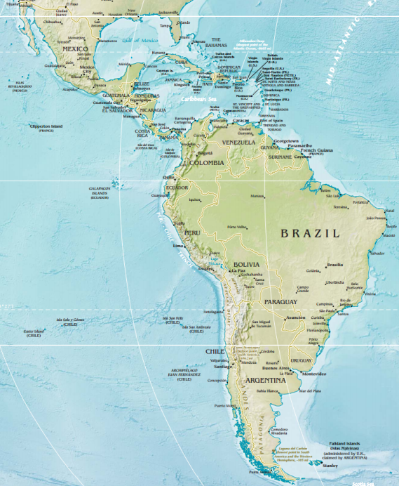 Map of Middle and South America with key physical features and cities labeled