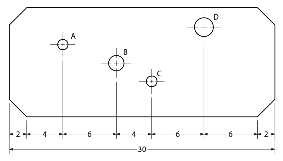 The total length of the sheet metal is 30cm. Hole A is 6cm from the left edge. Hole D is 8cm from the right edge.