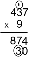 A three is placed in the tens column below the answer from steps 2 to 4. The six is carried