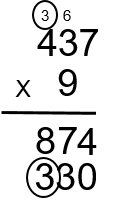 The three is placed in the hundreds column beneath the answer from steps 2 to 4. The 3 is carried to the hundreds column