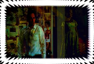 Don Draper on the left looking at a transparent human ghost on the right