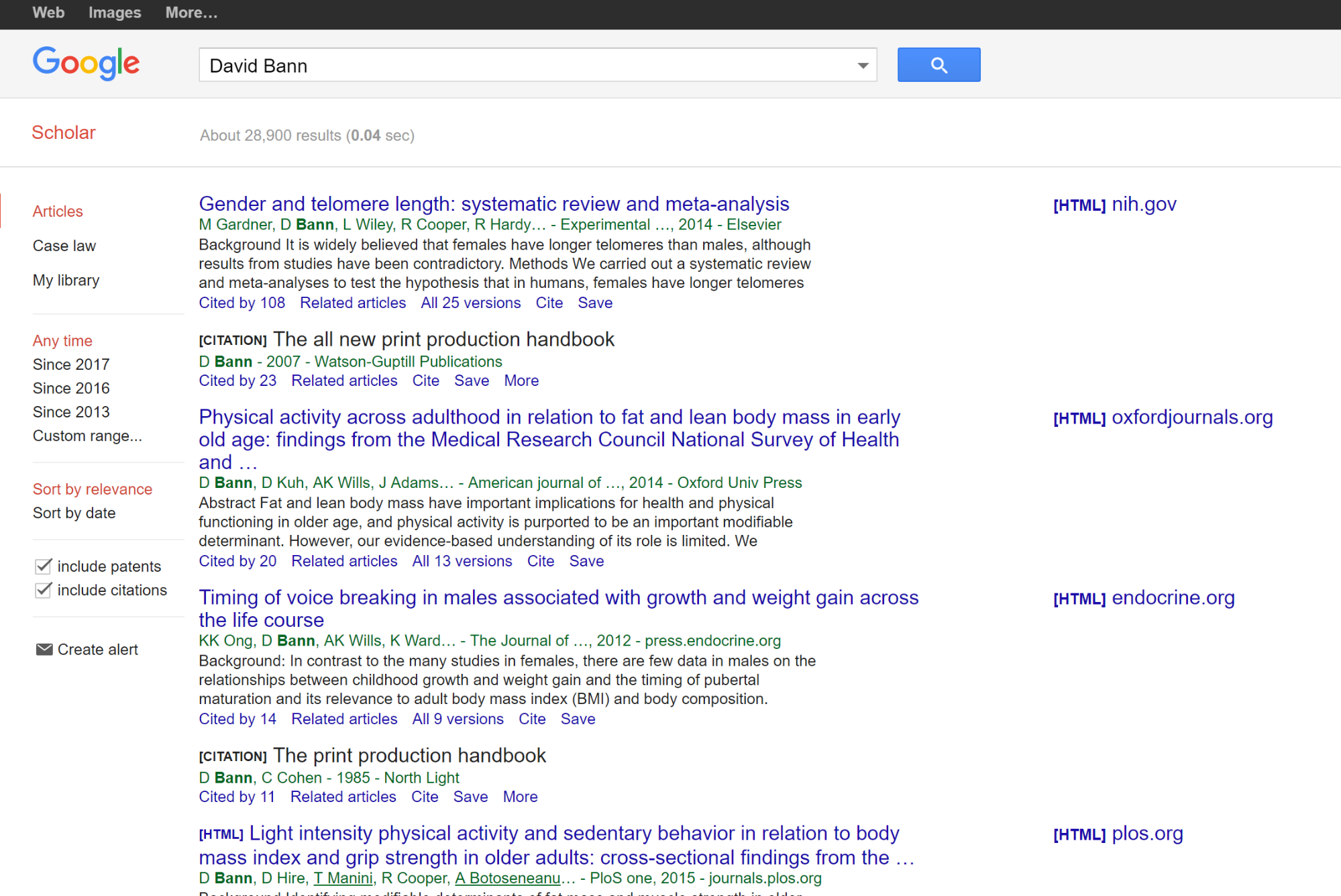 The Google Scholar search results for “David Bann,” which features his many publications in lifespan obesity patterns. Most of the publications we find are from the last ten years.