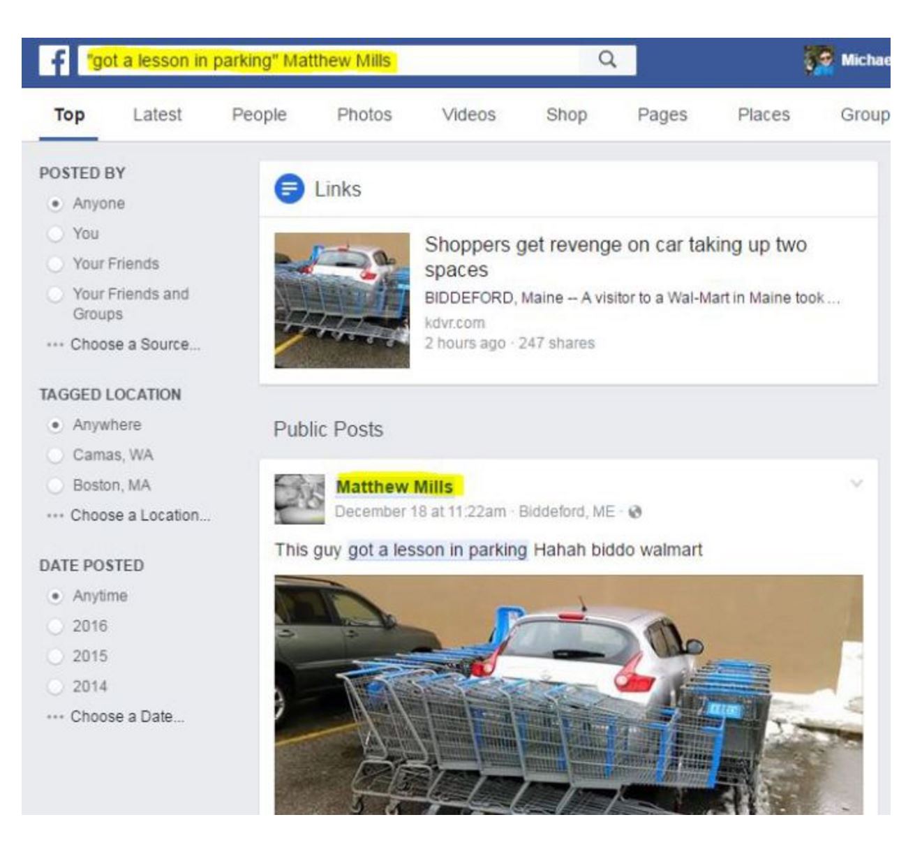 Facebook search result for “‘got a lesson in parking’ Matthew Mills” showing a public post by Matthew Mills.