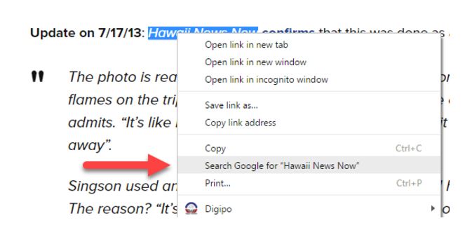 Close up of the PetaPixel site showing the results when a reader right-clicks/control-clicks on the Hawaii News Now link.
