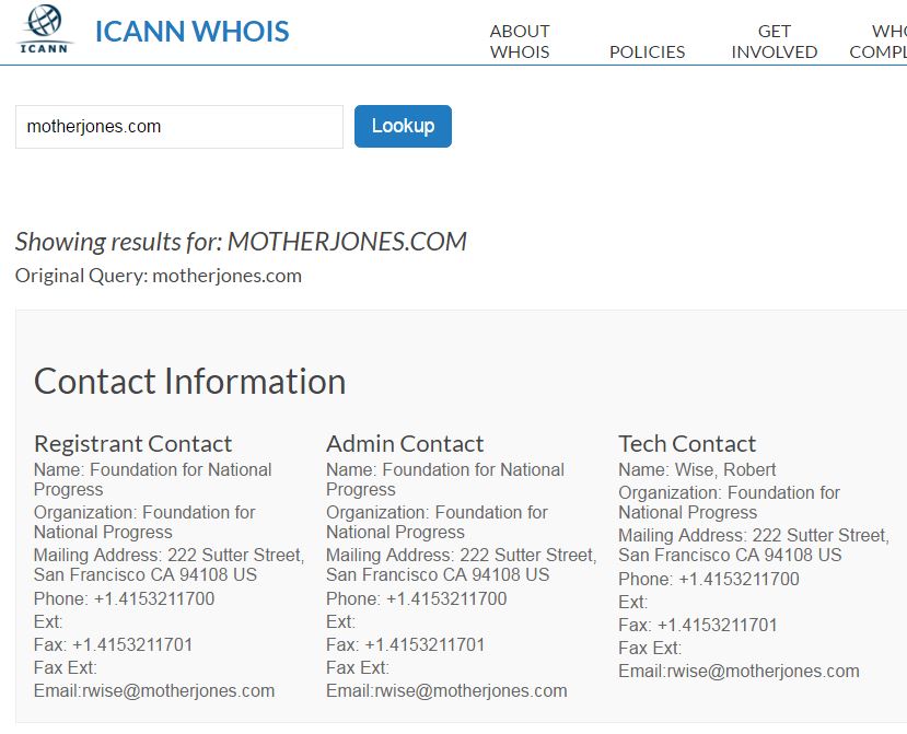 WHOIS search result on the ICANN interface for “motherjones.com.”  It displays the website's owner, Foundation for National Progress, and its contact information.