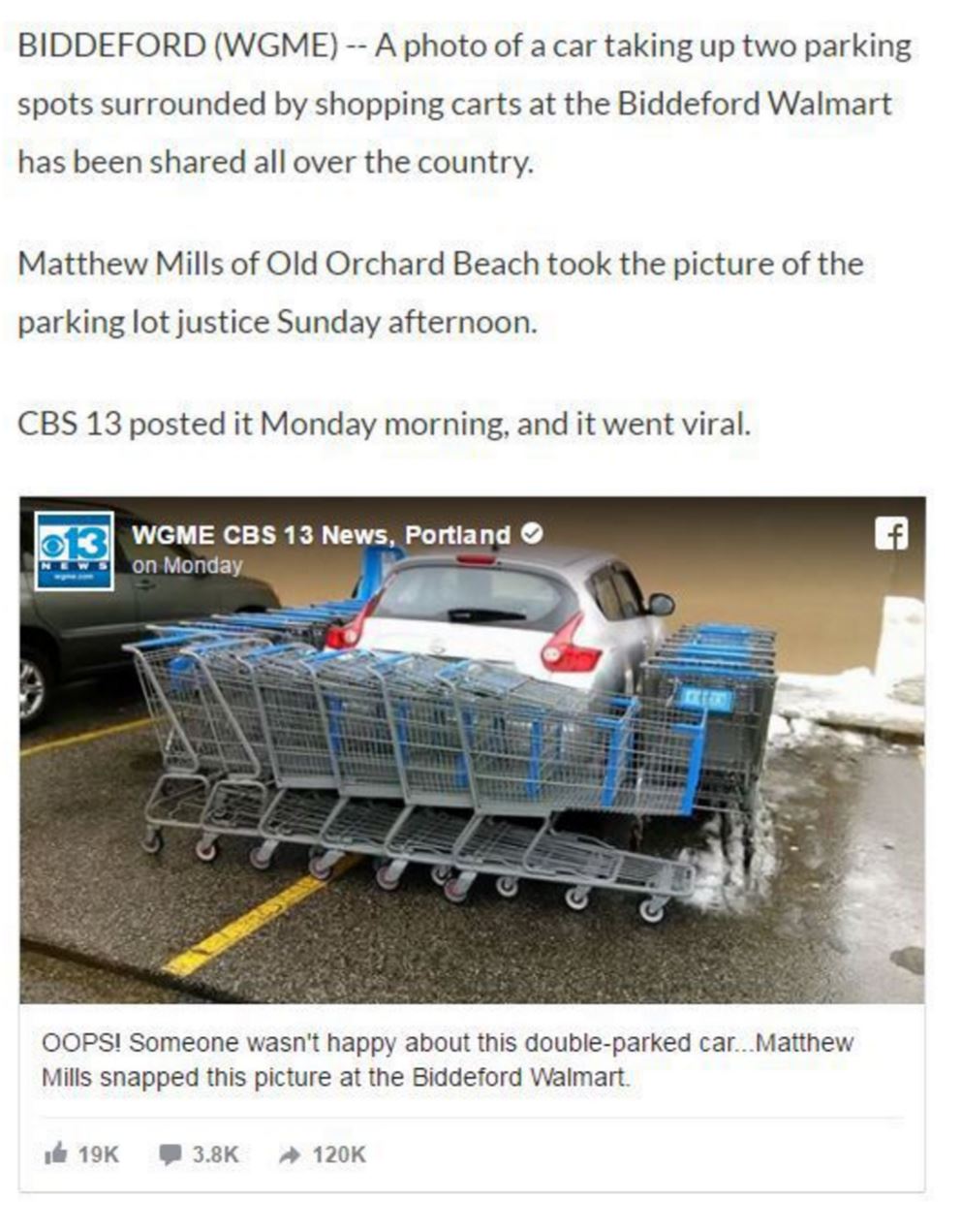 A WGME article explaining the story behind a picture of a double-parked car surrounded by shopping carts.