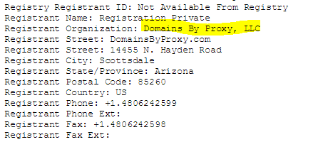 Domain Dossier search results showing the registrant of a site’s name as Domains by Proxy, LLC, a service that masks the real owners of sites.