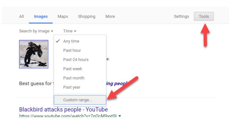 An expanded settings list for Google reverse image search that can be accessed by clicking “Tools” and “Custom range…” These settings can be altered to filter out newer photos by modifying the dates that will be included in the results list.