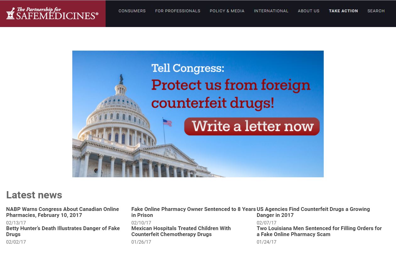 The homepage of safemedicine.org, which reveals the name of the organization, The Partnership for Safe Medicines.