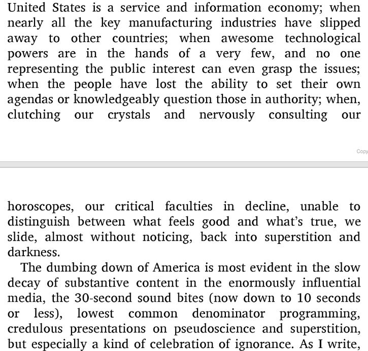 An excerpt of Carl Sagan’s Demon-Haunted World, found through Google Books, where Sagan provides the quote that was attributed to him by Twitter user @cbquist.