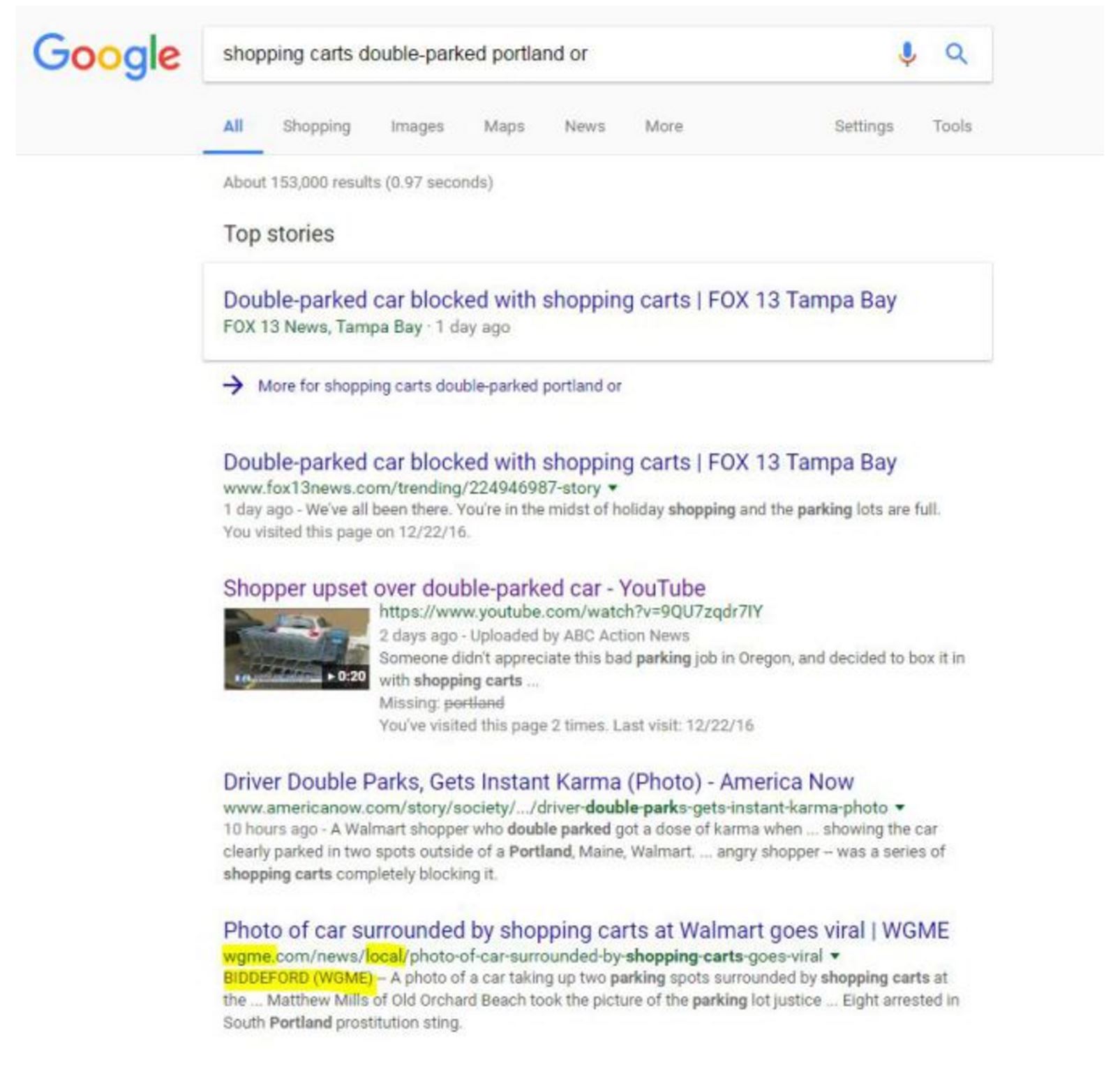 The Google search results for “shopping carts double-parked portland or.”