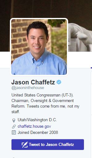 The Twitter bio of user The Twitter bio of user @jasoninthehouse reading, “United States Congressman (UT-3). Chairman, Oversight & Government Reform. Tweets come from me, not my staff.” The user’s name has a small blue seal next to his name, indicating that his identity is verified by Twitter.