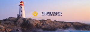 A picture of the lighthouse at Peggy's Cove. Just above the rocks are the words "Credit Unions Atlantic Canada".