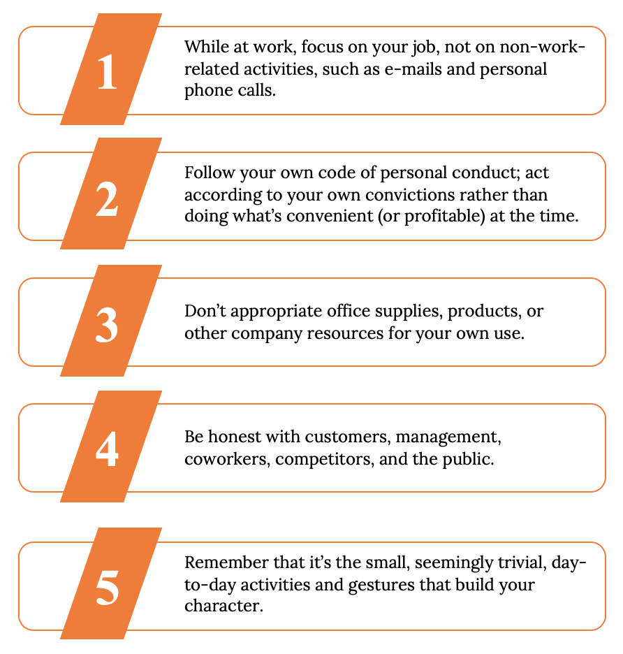 Five text boxes are listed vertically. In order from top to bottom they read: “Follow your own code of personal conduct: act according to your own convictions rather than doing what’s convenient (or profitable) at the time.” “While at work, focus on your job, not on non-work-related activities, such as e-mails and personal phone calls.” “Don’t appropriate office supplies or products or other company resources for your own use.” “Be honest with customers, management, coworkers, competitors, and the public.” “Remember that it’s the small, seemingly trivial, day-to-day activities and gestures that build your character.”