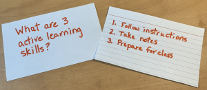 A sample cue card. The question is on one side and the answer is on the other side.side
