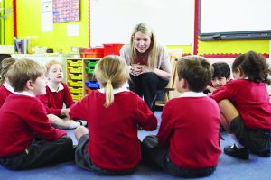 School children sitting in circle with teacher