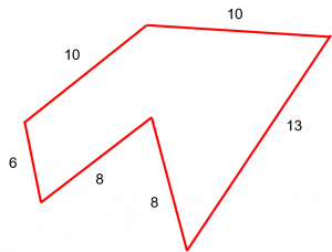 a polygon with 6 sides. the length of each side is 10, 10, 13, 8, 8, 6.