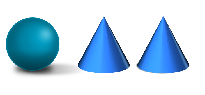 A sphere and two cones of roughly the same size.