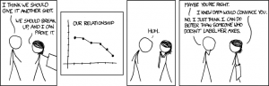 A comic of a girl and boy breaking up. The girl wants to break up and brings a table explaining the trend of their relationship. The boy agrees to break up because the girl forget to label the table axis.