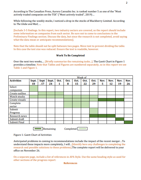 Continued student example of a progress report.