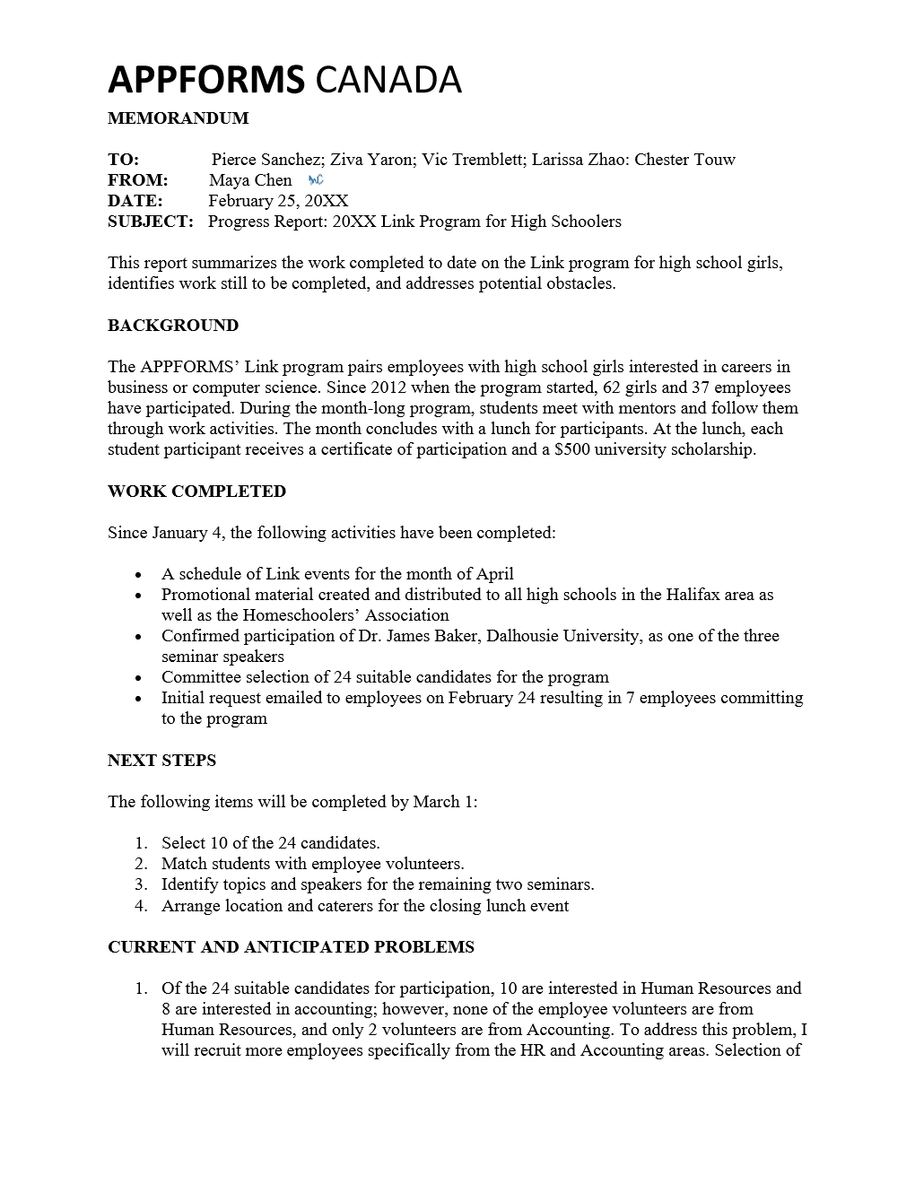 A good example of a work progress report.
