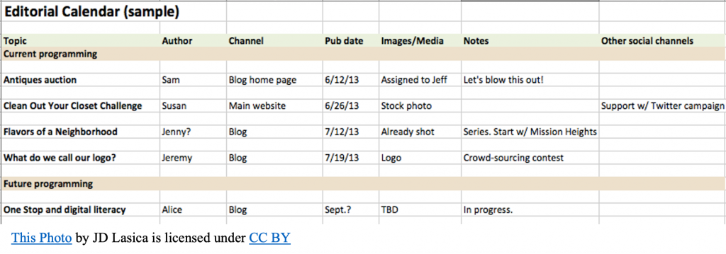 Sample Content Calendar
