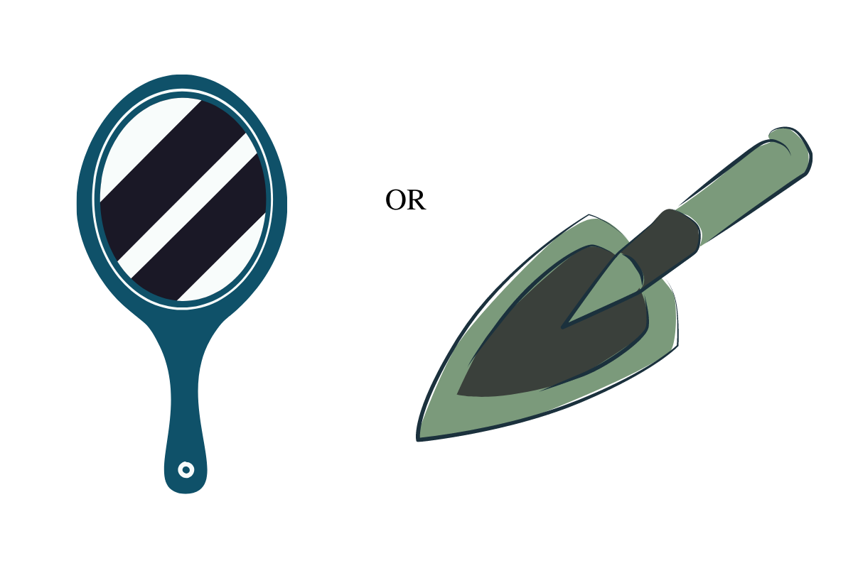A mirror represents reflection. A spade represents a tool.