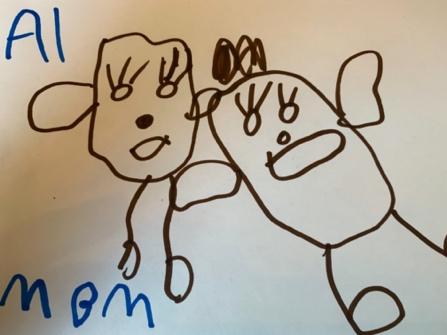Child's writing has the name "Al" is in the top left corner. There is a picture of a mom and child with large heads and ears and legs and feet stemming from the heads. "Mom" is written in the bottom left corner.