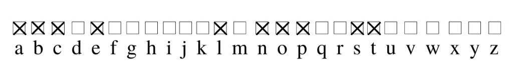 The image show a checklist of all the letters of the alphabet. The following letters are marked: a,b,c,e,l,n,o,p,s, and t.