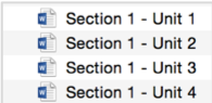Screenshot of four Word files. All are from Section 1, Units 1 to 4.