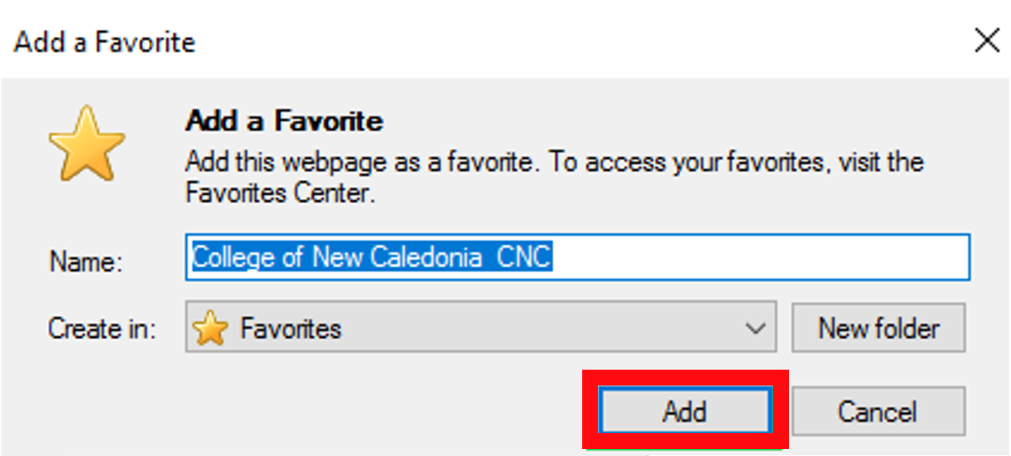 Name the bookmark, then click Add in the Add a Favorite pop-up box.