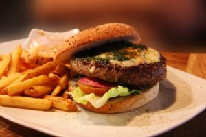 A modern meal, burger and fries.