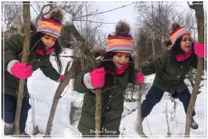Children using climbing sticks.