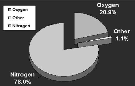 Pie chart illustrating 20.9% Oxygen, 78.0% Nitrogen, and 1.1% Other.