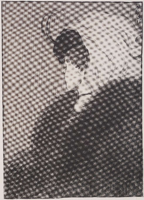 a semi abstract drawing that shows a woman looking over shoulder, or if looked at differently, the chin of the woman also looks like the large nose of an older woman