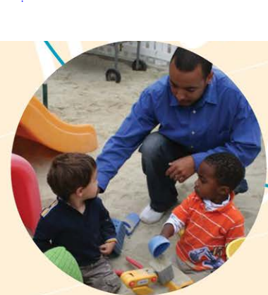An adult supervising two young children playing on a playground.