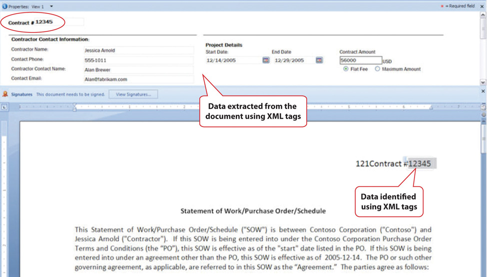 InfoPath Form with XML Tags. Data is extracted from the document using XML tags. Data is then identified using XML tags.