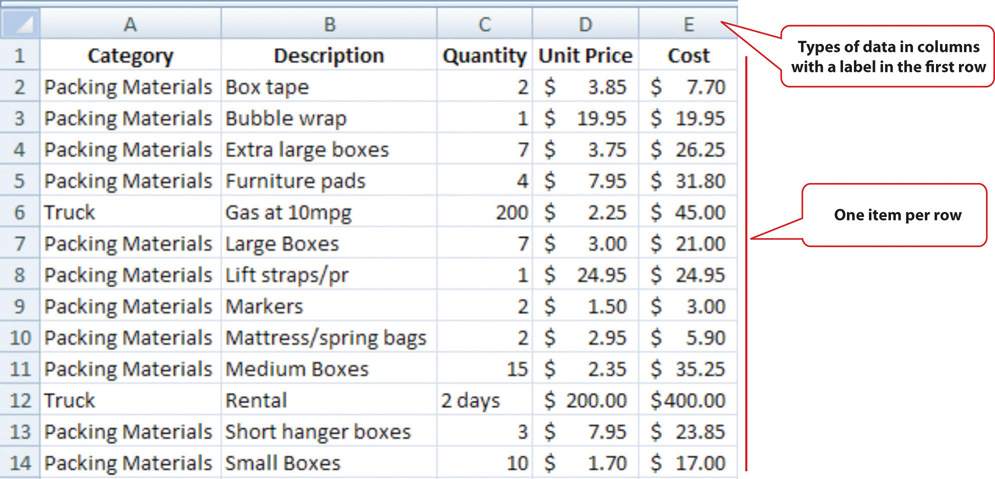 Expenses Arranged in a Table in a Spreadsheet. Types of data in columns are labeled in the first row with one item per row.