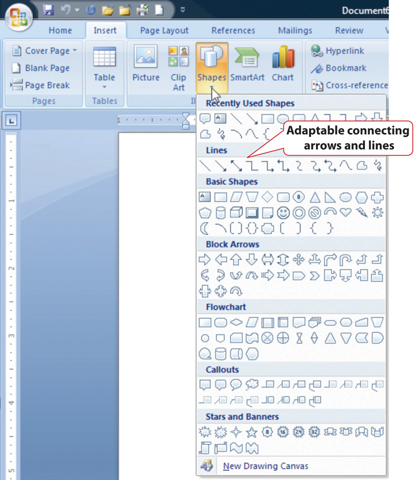 Menu of Diagramming Shapes and Connectors in Word 2007