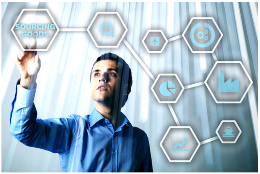 Man with touch screen with various icons.