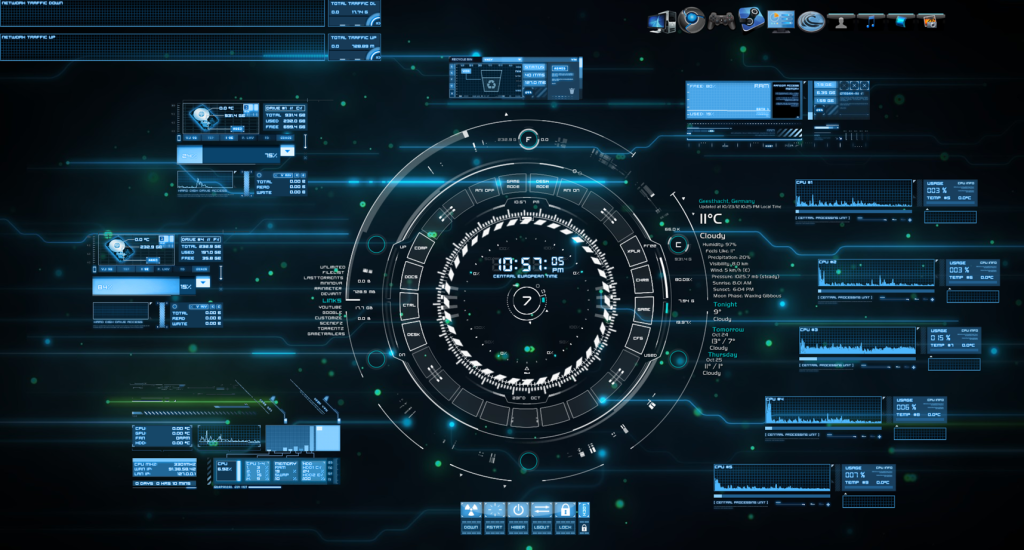 Computer graphic with blue error messages with digital time in the middle.
