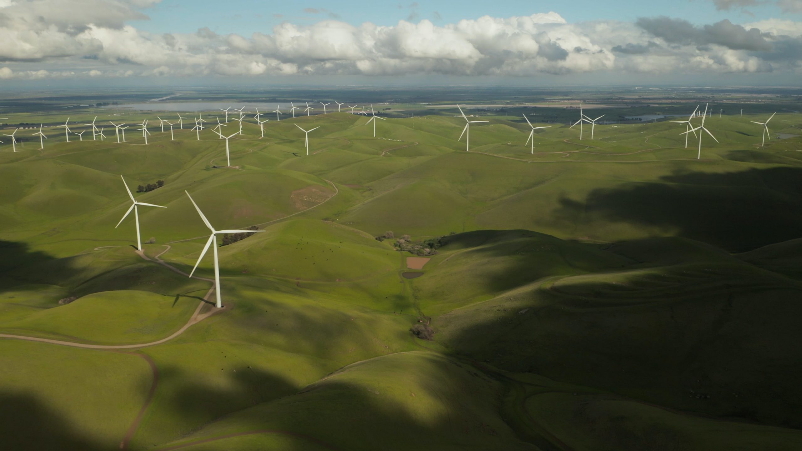 White windmills in a grassy field under a blue sky with clouds.