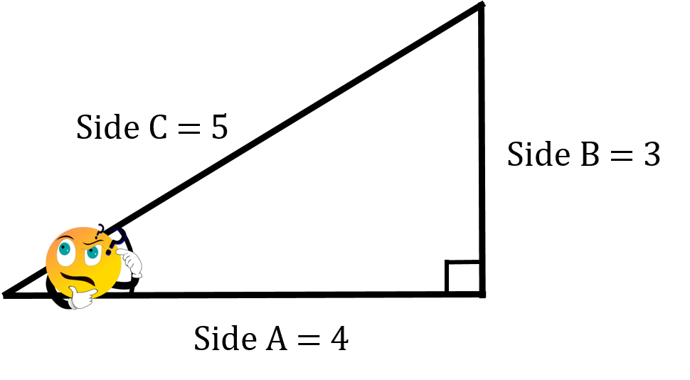 A right triangle with adjacent side A equal to 4, opposite side B equal to 3, and hypotenuse C equal to 5. Angle is unknown.