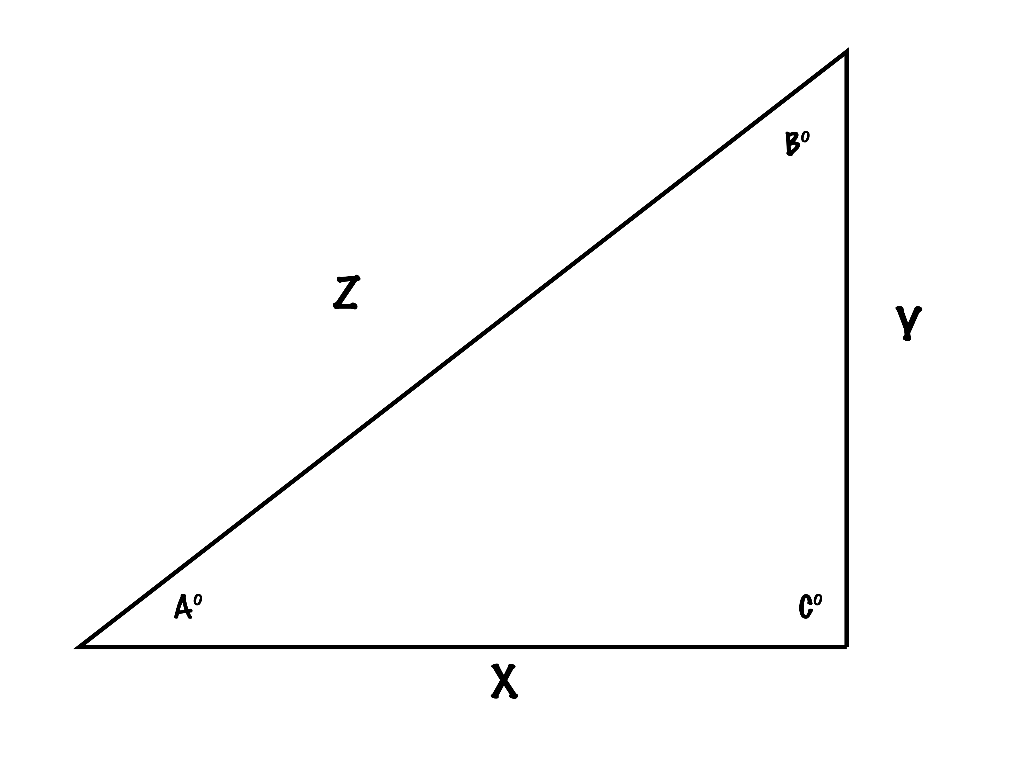 A right triangle. X and Y are sides of the triangle, Z is the hypotenuse. Angles A, B and C are unknown.
