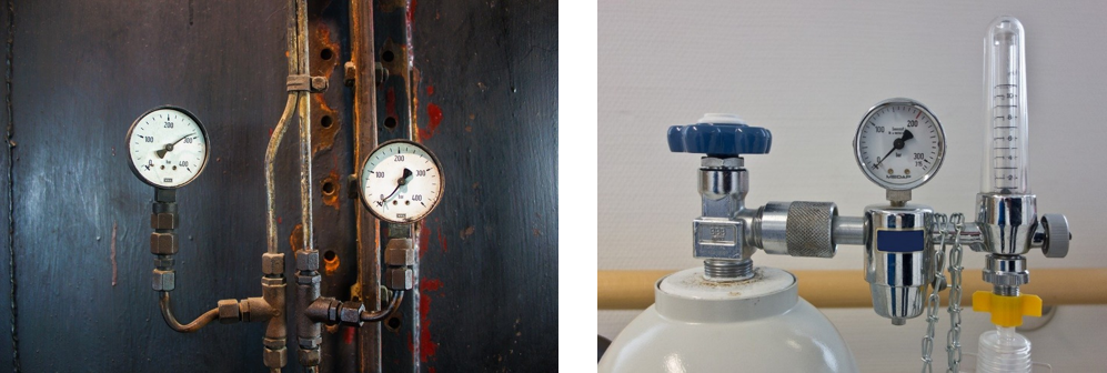 On the left are gauges attached to a piping system and on the right are gauges attached to cylinders.