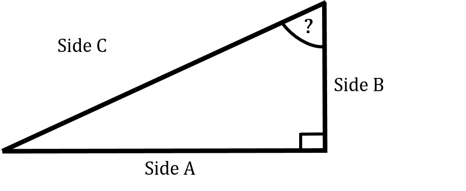 A right triangle with opposite side A, adjacent side B, and hypotenuse C. Angle is unknown.